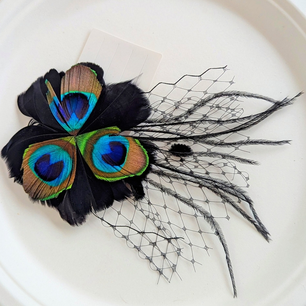 🆕 peacock feather veil netting hair clip